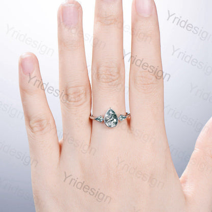 Bezel Set Moss Agate Ring Pear Aquatic Agate Engagement Ring Minimalist Kite Green Agate Wedding Ring For Women Three Stone Anniversary Ring - PENFINE