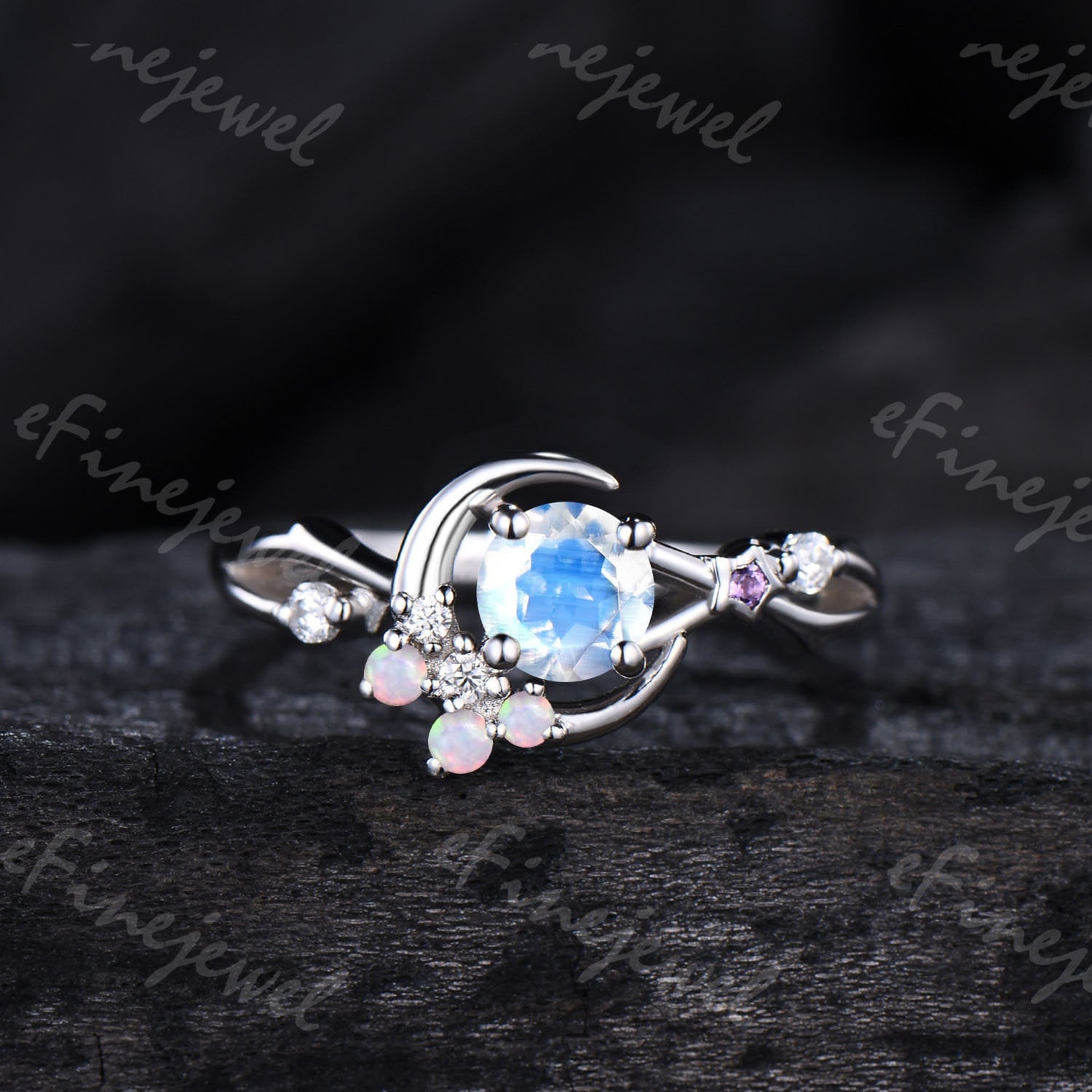 Dainty Moonstone Engagement Ring: Silver, Opal & Amethyst Accents - PENFINE