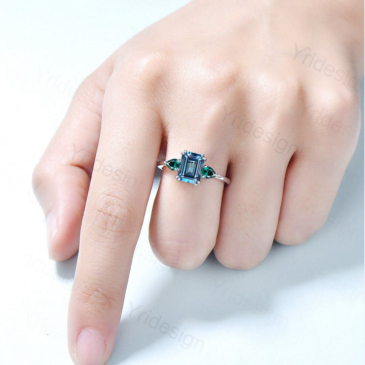 Retro Emerald Cut London Blue Topaz Engagement Ring White Gold 8 prongs Engagement Ring Three Stone Pear Emerald Wedding Ring For Women - PENFINE