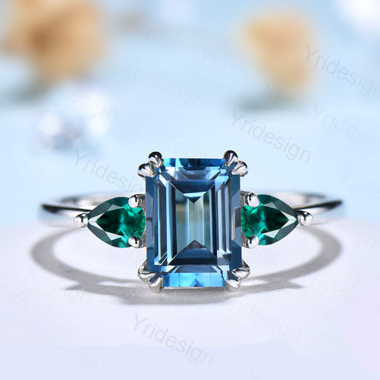 Retro Emerald Cut London Blue Topaz Engagement Ring White Gold 8 prongs Engagement Ring Three Stone Pear Emerald Wedding Ring For Women - PENFINE