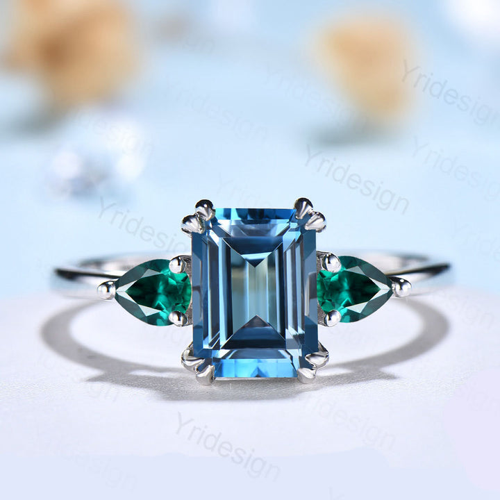 Retro Emerald Cut London Blue Topaz Engagement Ring White Gold 8 prongs Engagement Ring Three Stone Pear Emerald Wedding Ring For Women - PENFINE