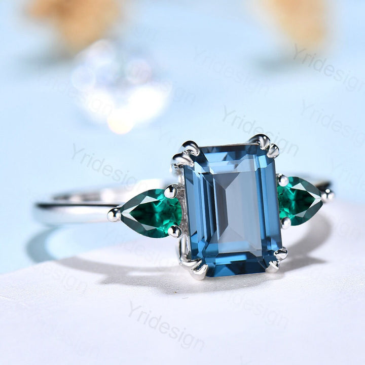 Retro Emerald Cut London Blue Topaz Engagement Ring White Gold 8 prongs Engagement Ring Three Stone Pear Emerald Wedding Ring For Women - PENFINE