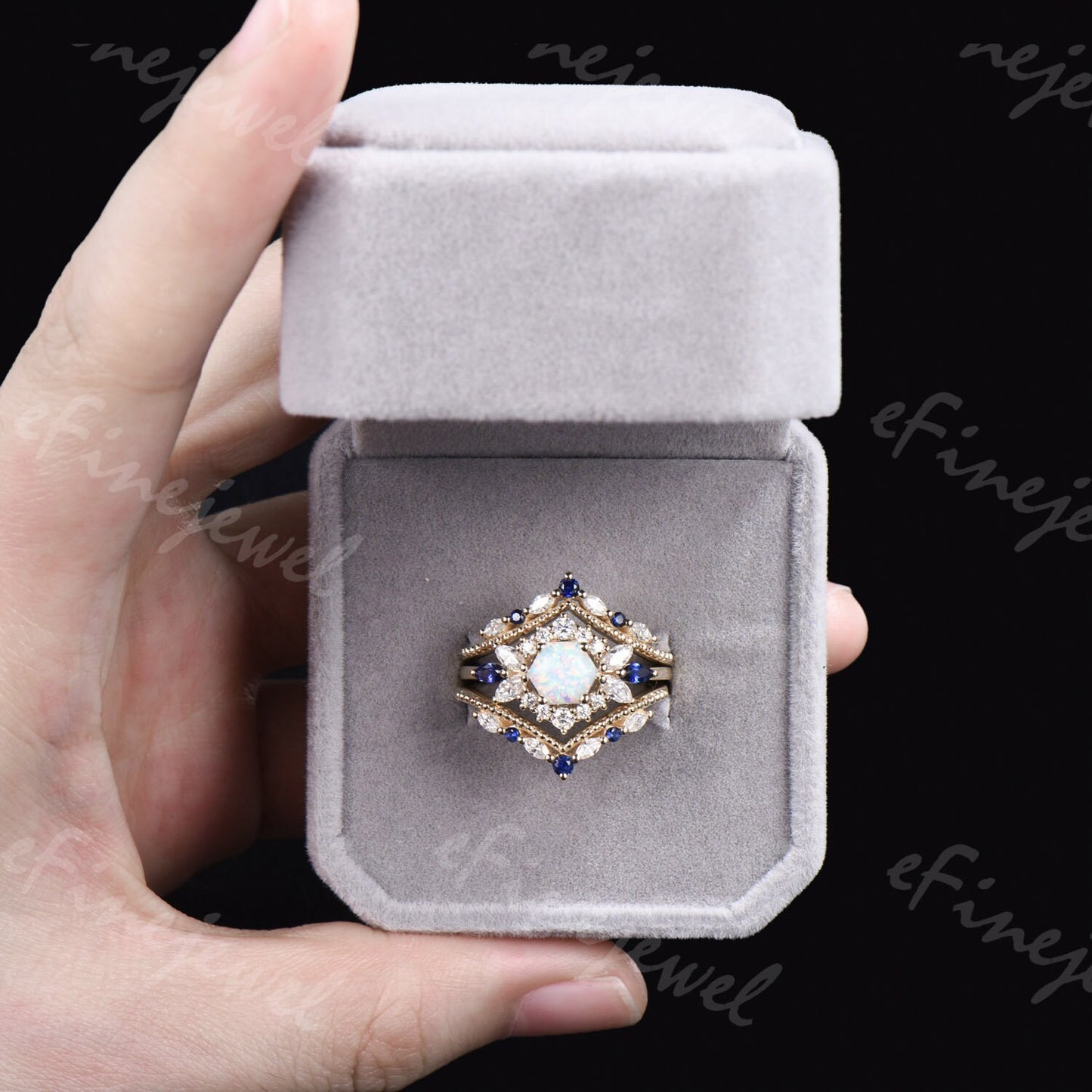 Vintage Hexagon Opal Engagement Ring Set, Sapphire & Moissanite Halo