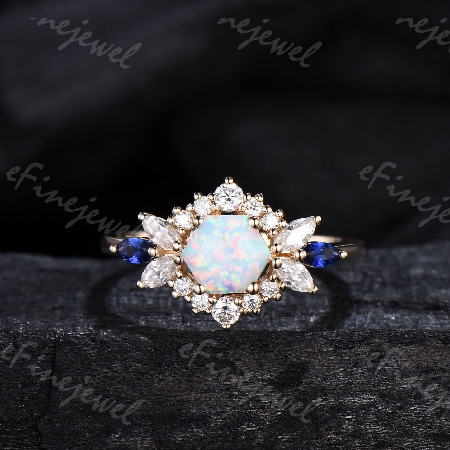 Vintage Hexagon Opal Engagement Ring Set, Sapphire & Moissanite Halo