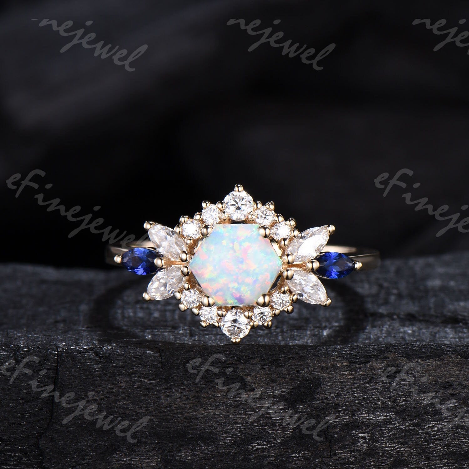 Vintage Hexagon Opal Engagement Ring Set, Sapphire & Moissanite Halo