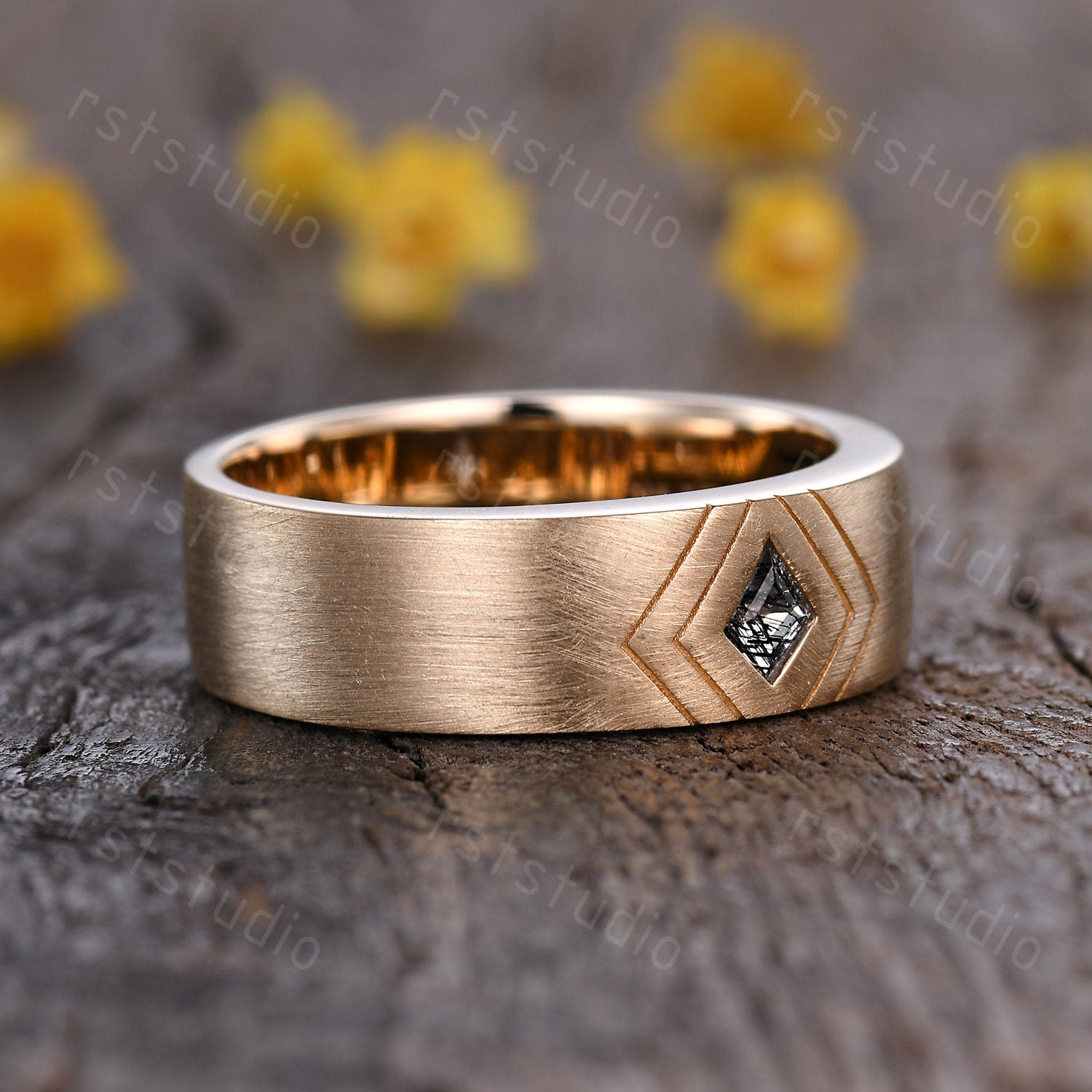 6mm Mens Kite Cut Black Rutilated Quartz Ring: 14k Solid Gold Retro Promise Ring Matt Finished