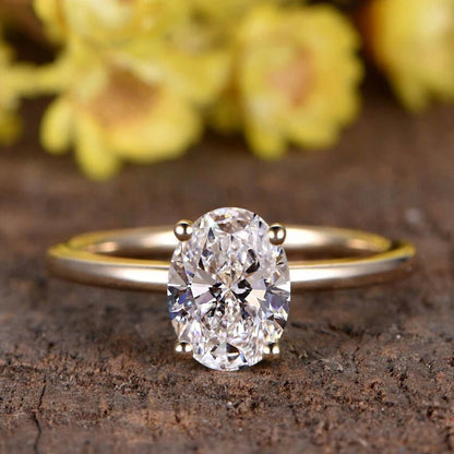 Vintage 14K Gold Oval Grown Diamond Engagement Ring Set: Marquise Wedding Band