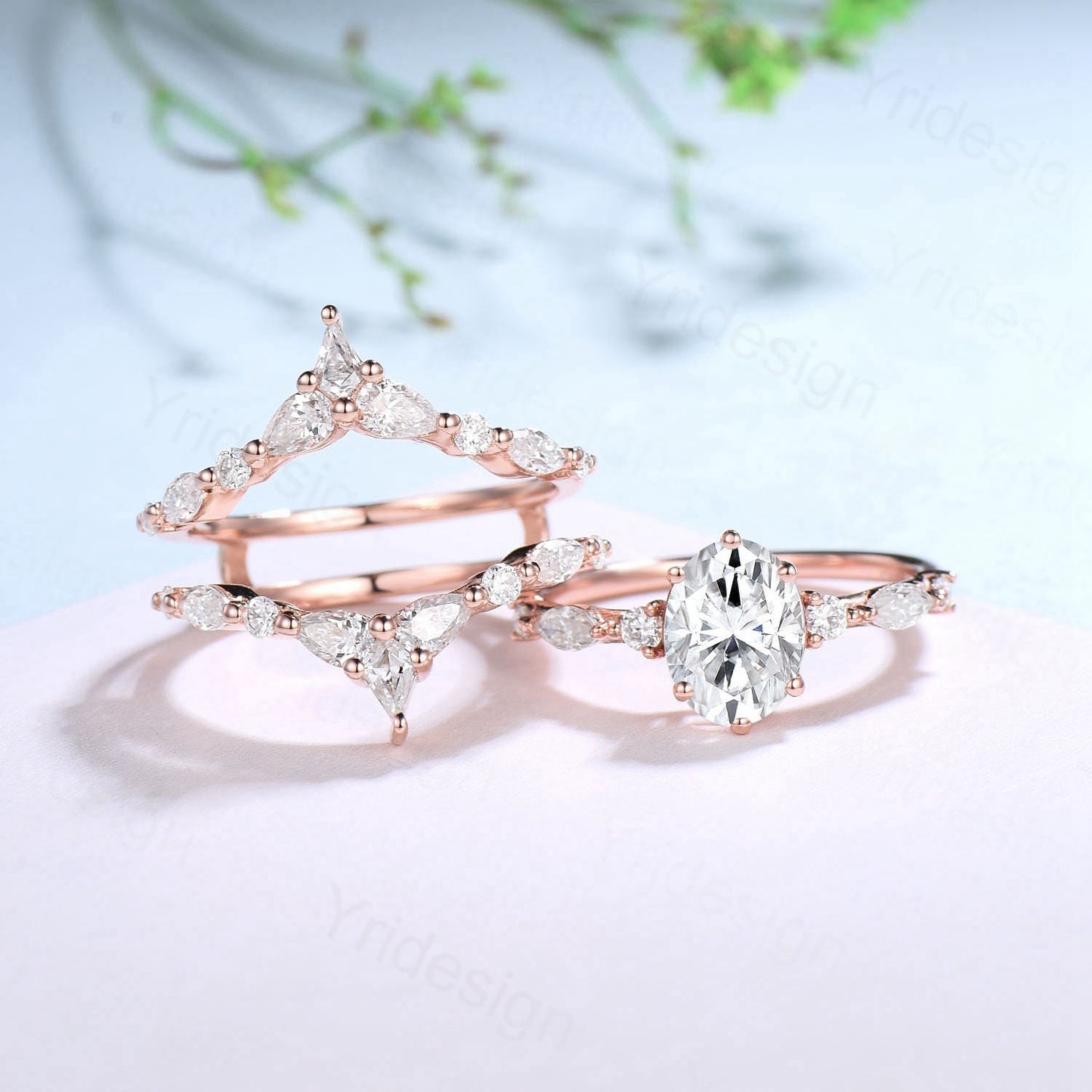 1.5CT Oval Moissanite Engagement Ring Set Vintage IGI Certificate Lab Grown Diamond Wedding Ring Set Women Double Stacking Band Bridal Set - PENFINE