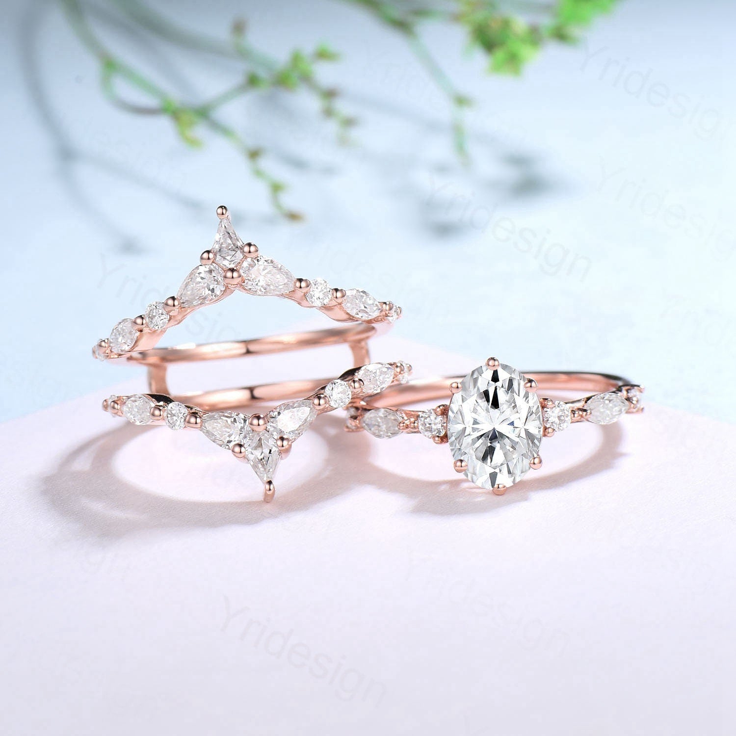1.5CT Oval Moissanite Engagement Ring Set Vintage IGI Certificate Lab Grown Diamond Wedding Ring Set Women Double Stacking Band Bridal Set - PENFINE