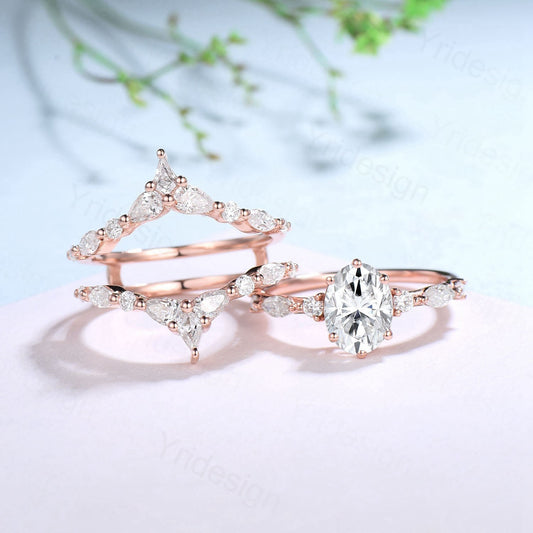 1.5CT Oval Moissanite Engagement Ring Set Vintage IGI Certificate Lab Grown Diamond Wedding Ring Set Women Double Stacking Band Bridal Set - PENFINE