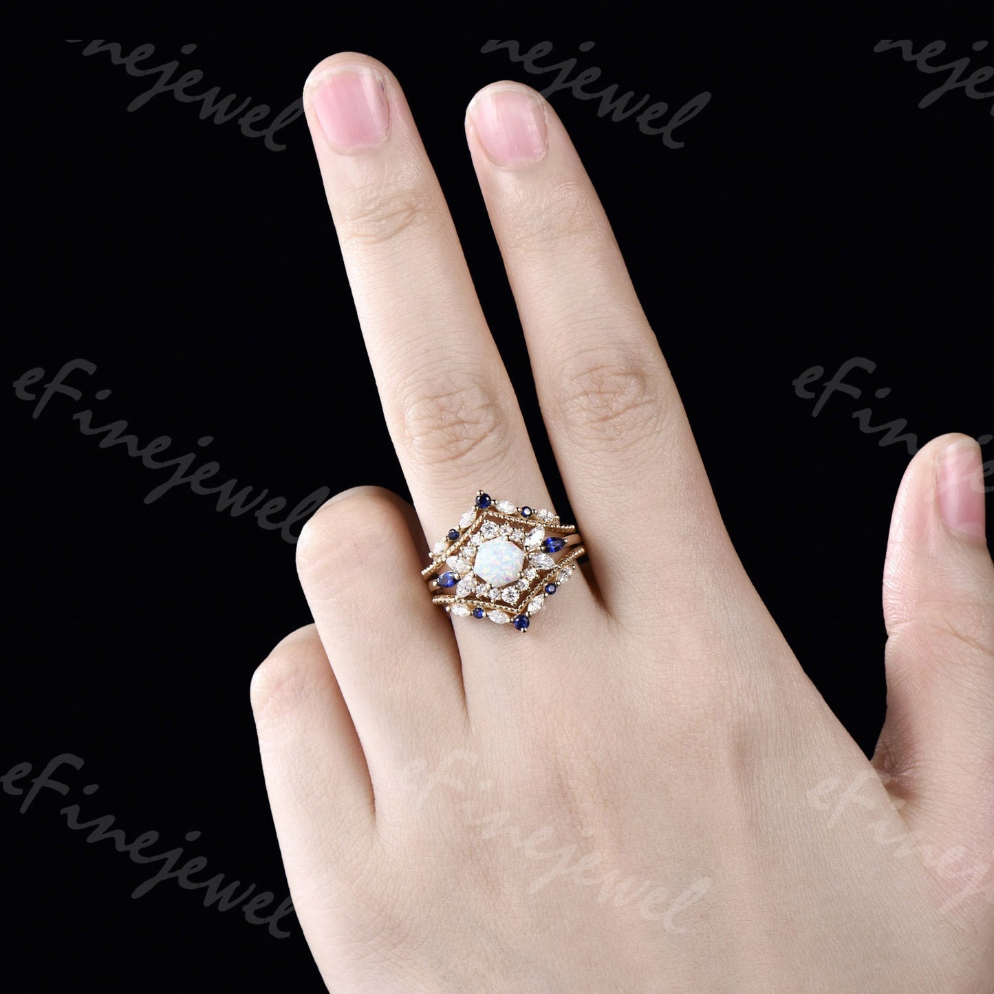 Vintage Hexagon Opal Engagement Ring Set, Sapphire & Moissanite Halo