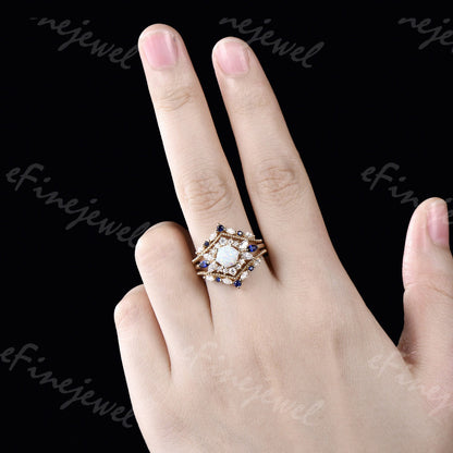 Vintage Hexagon Opal Engagement Ring Set, Sapphire & Moissanite Halo