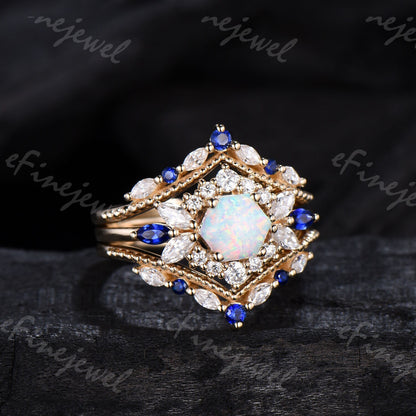 Vintage Hexagon Opal Engagement Ring Set, Sapphire & Moissanite Halo