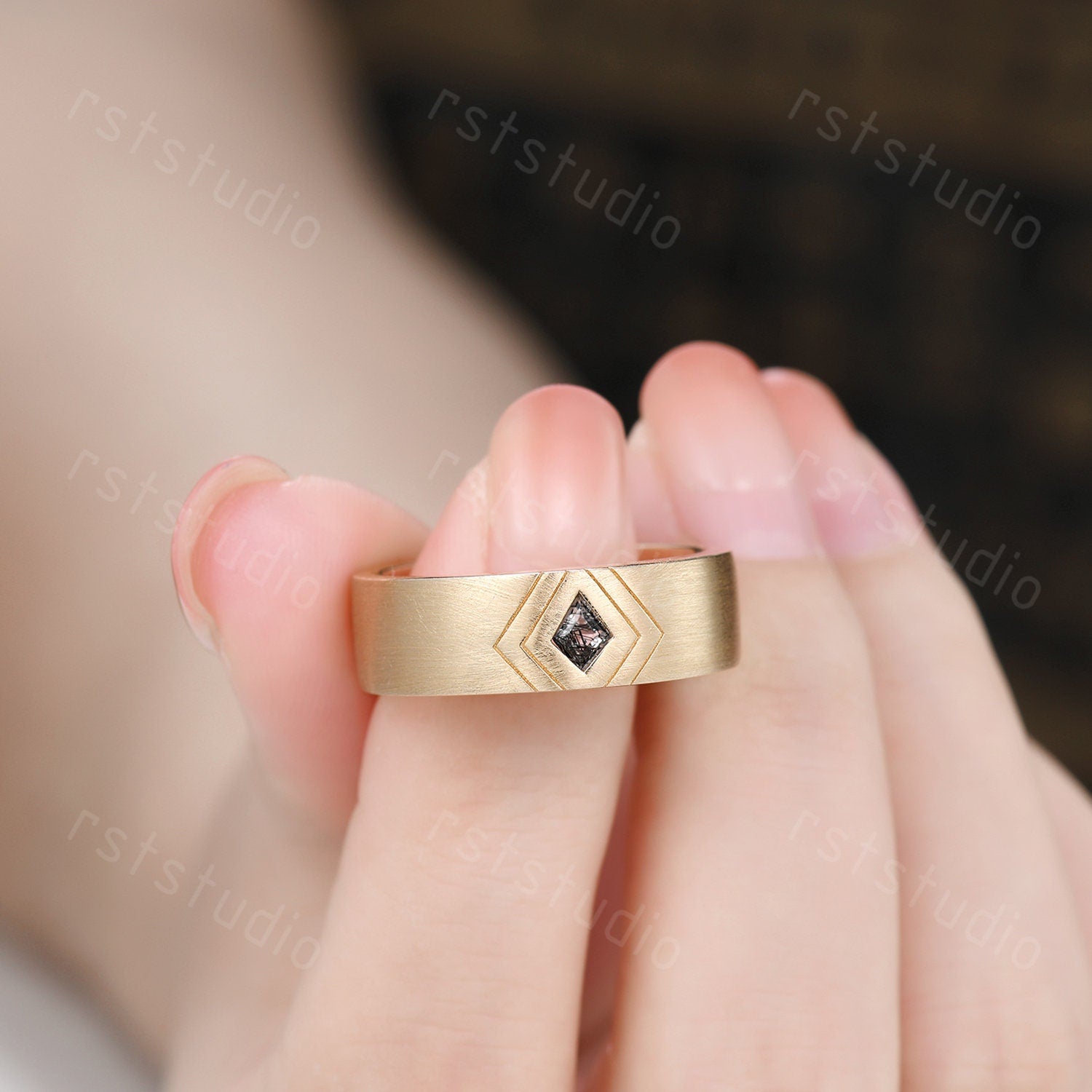 6mm Mens Kite Cut Black Rutilated Quartz Ring: 14k Solid Gold Retro Promise Ring Matt Finished