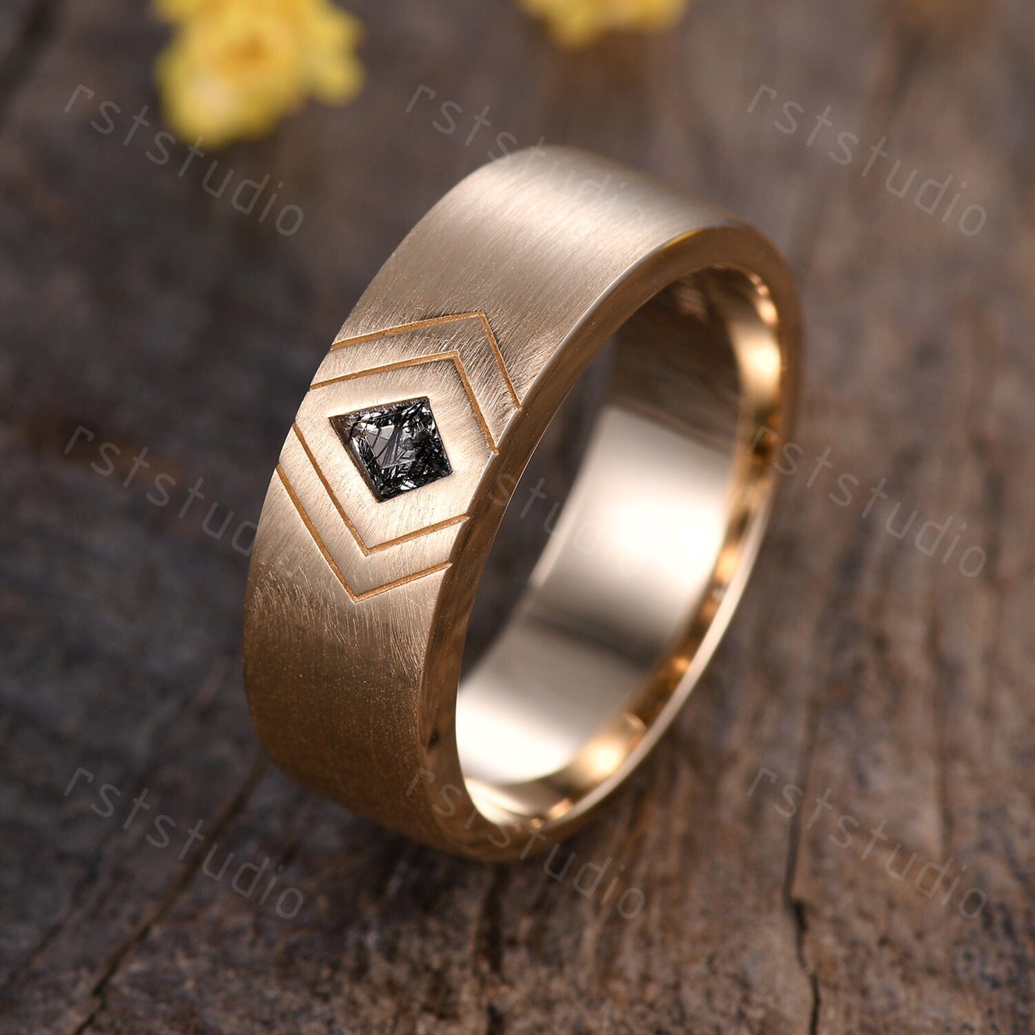 6mm Mens Kite Cut Black Rutilated Quartz Ring: 14k Solid Gold Retro Promise Ring Matt Finished