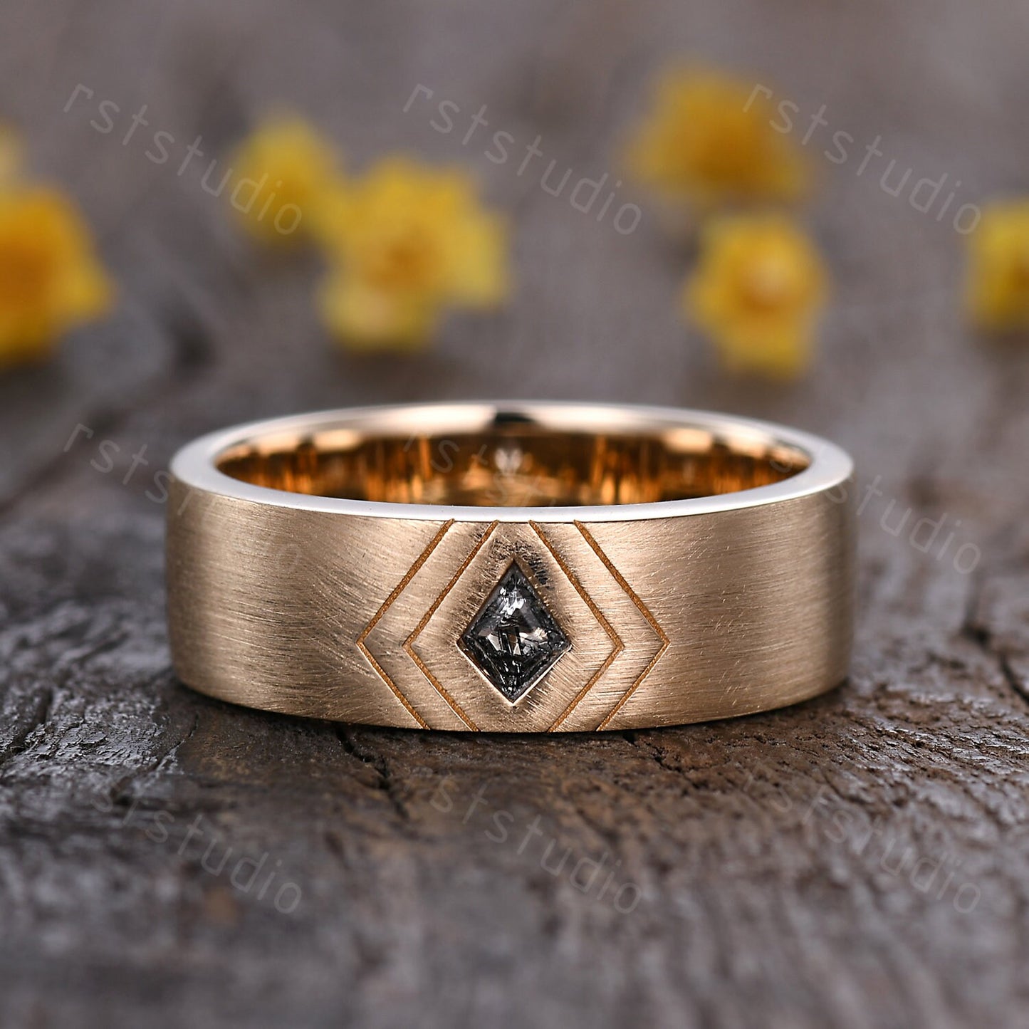 6mm Mens Kite Cut Black Rutilated Quartz Ring: 14k Solid Gold Retro Promise Ring Matt Finished