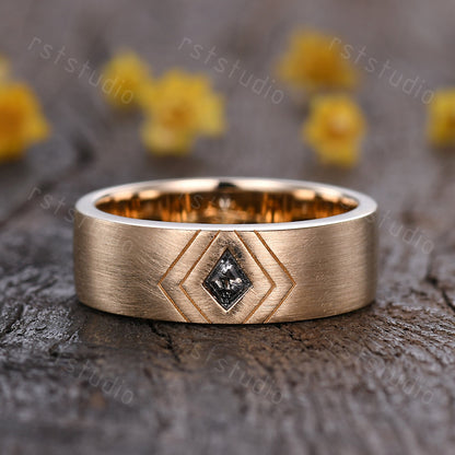 6mm Mens Kite Cut Black Rutilated Quartz Ring: 14k Solid Gold Retro Promise Ring Matt Finished