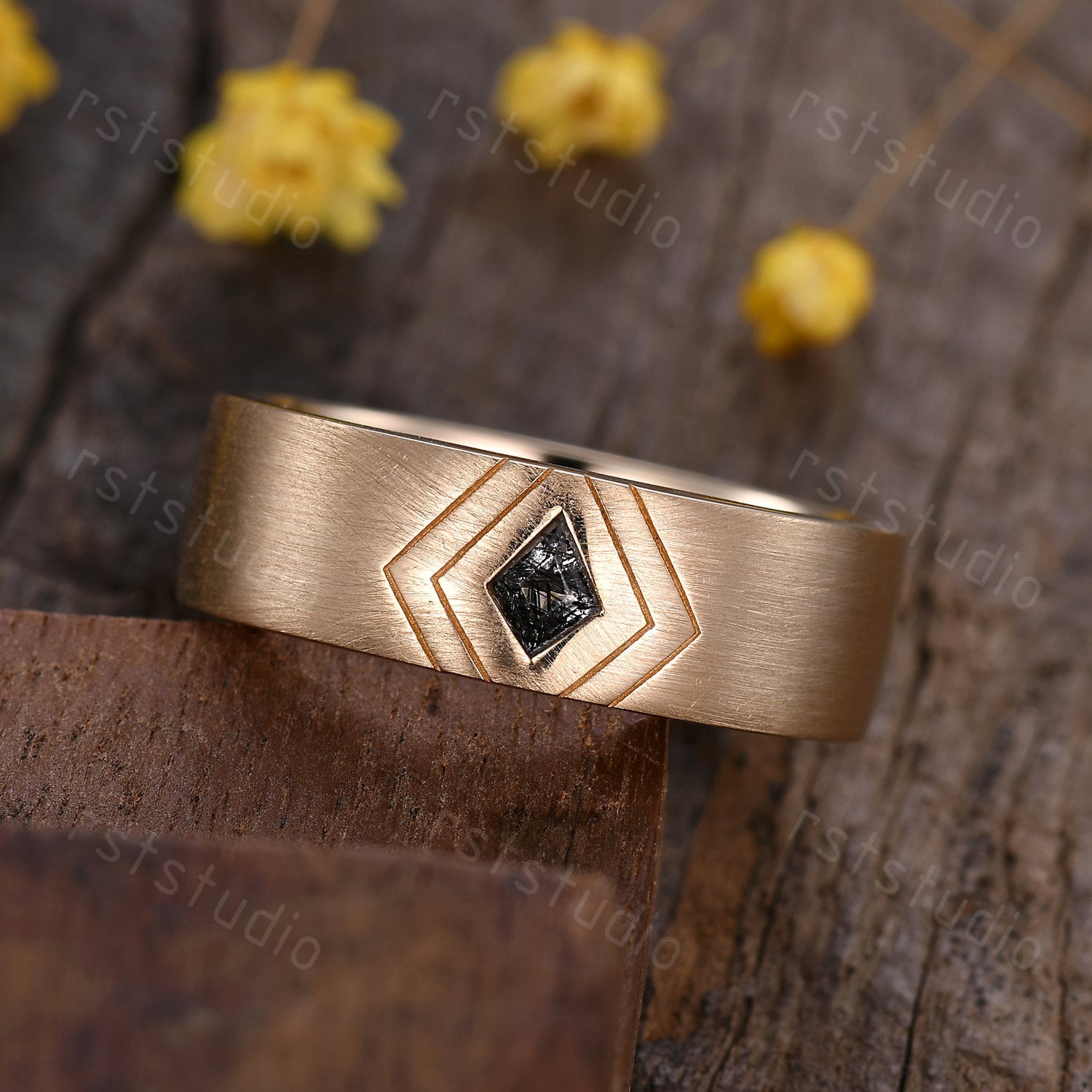 6mm Mens Kite Cut Black Rutilated Quartz Ring: 14k Solid Gold Retro Promise Ring Matt Finished