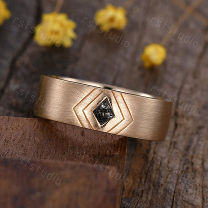 6mm Mens Kite Cut Black Rutilated Quartz Ring: 14k Solid Gold Retro Promise Ring Matt Finished