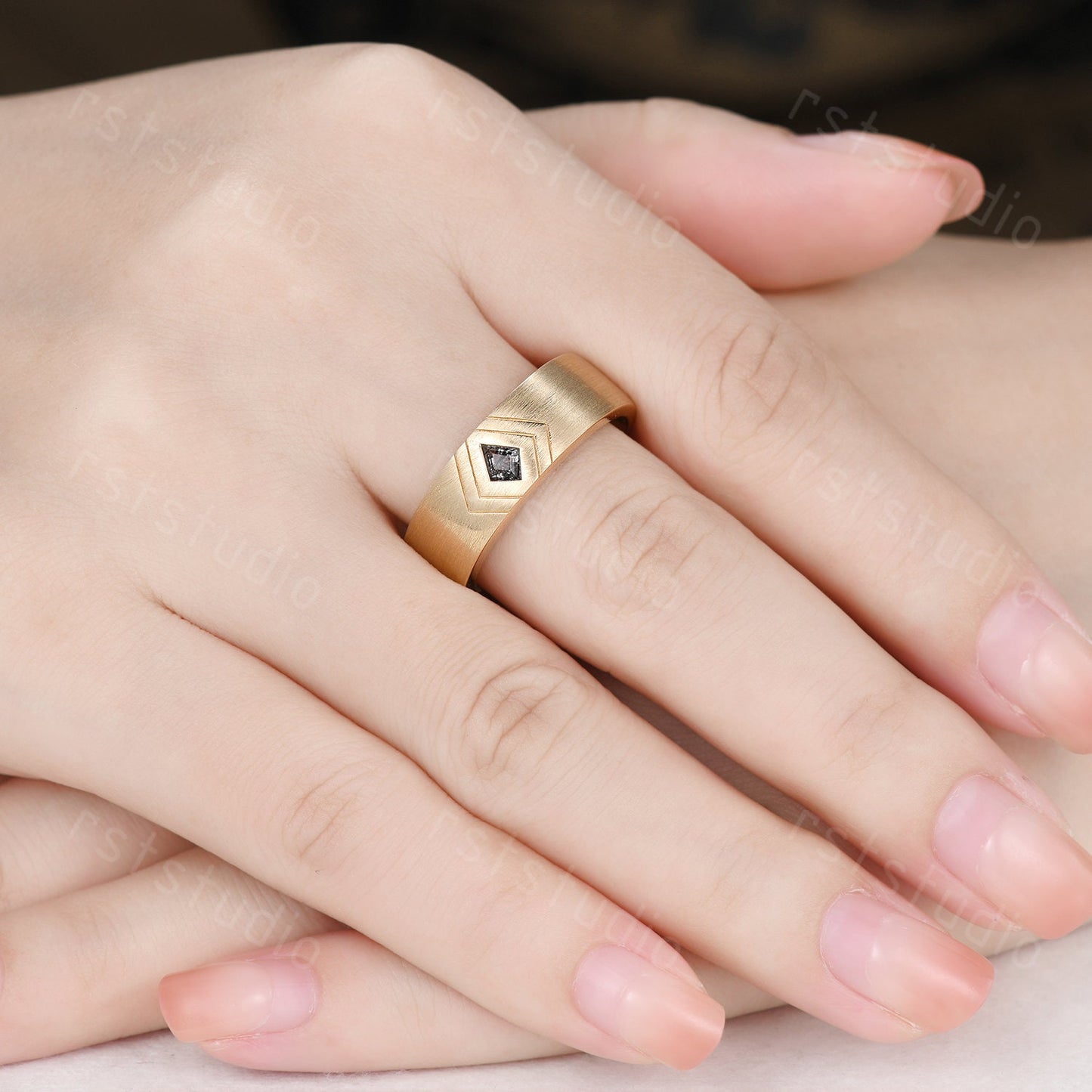 6mm Mens Kite Cut Black Rutilated Quartz Ring: 14k Solid Gold Retro Promise Ring Matt Finished