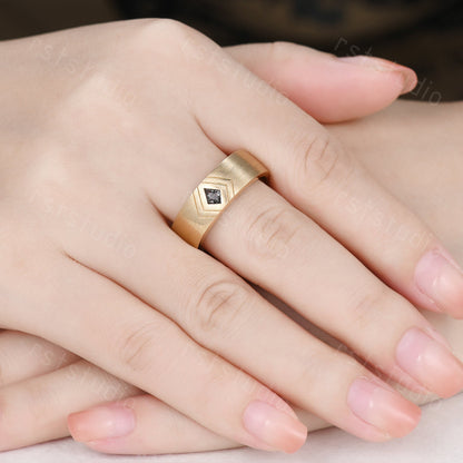 6mm Mens Kite Cut Black Rutilated Quartz Ring: 14k Solid Gold Retro Promise Ring Matt Finished