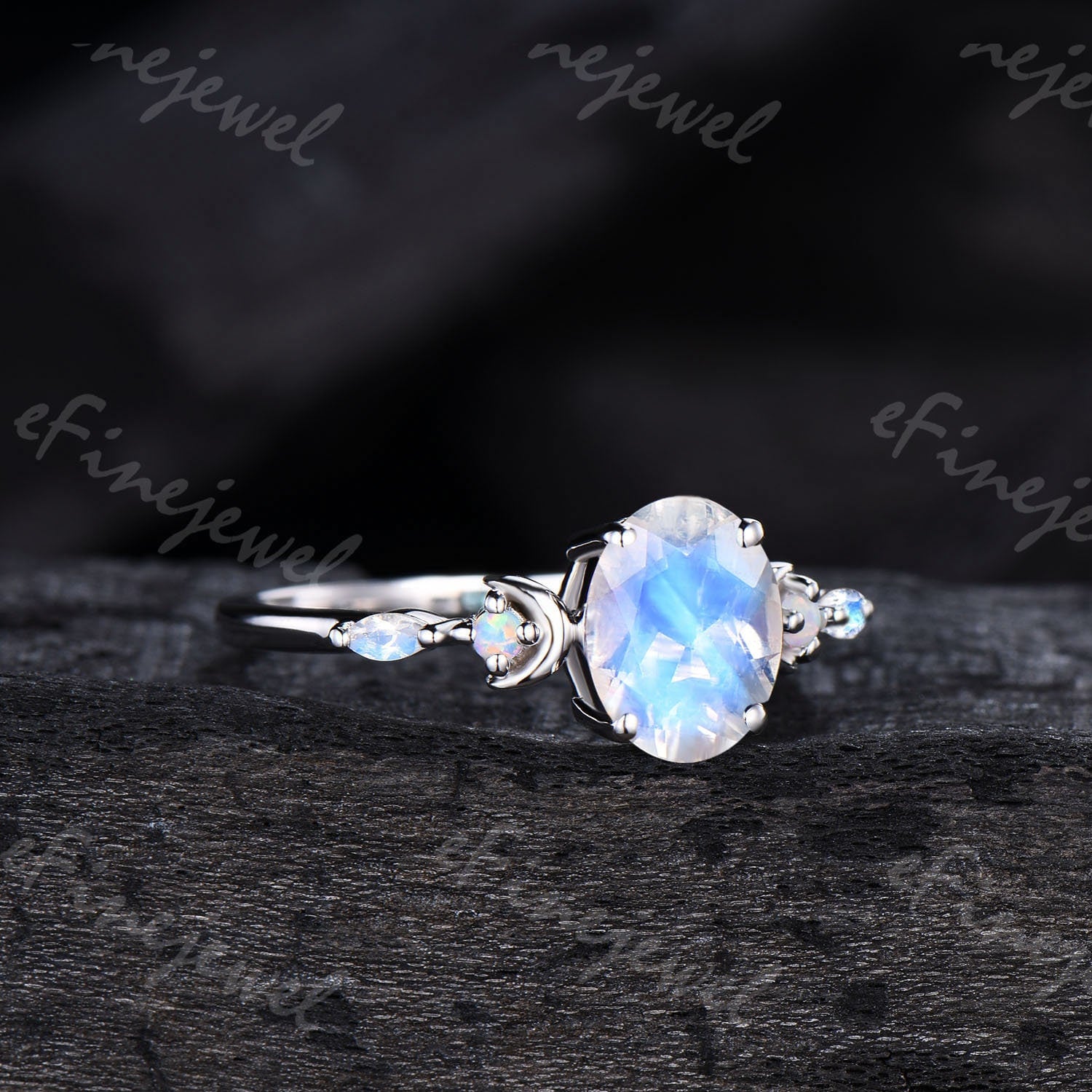 Vintage Oval Moonstone Engagement Ring, White Gold Anniversary Gift - PENFINE