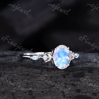 Vintage Oval Moonstone Engagement Ring, White Gold Anniversary Gift - PENFINE
