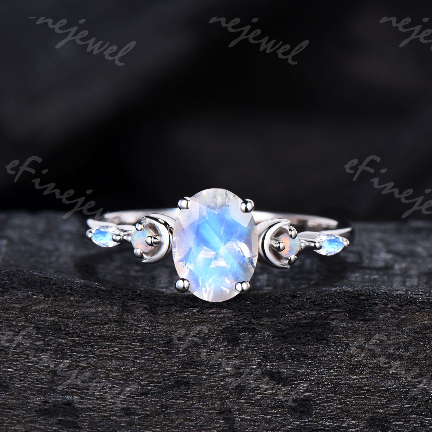 Vintage Oval Moonstone Engagement Ring, White Gold Anniversary Gift - PENFINE