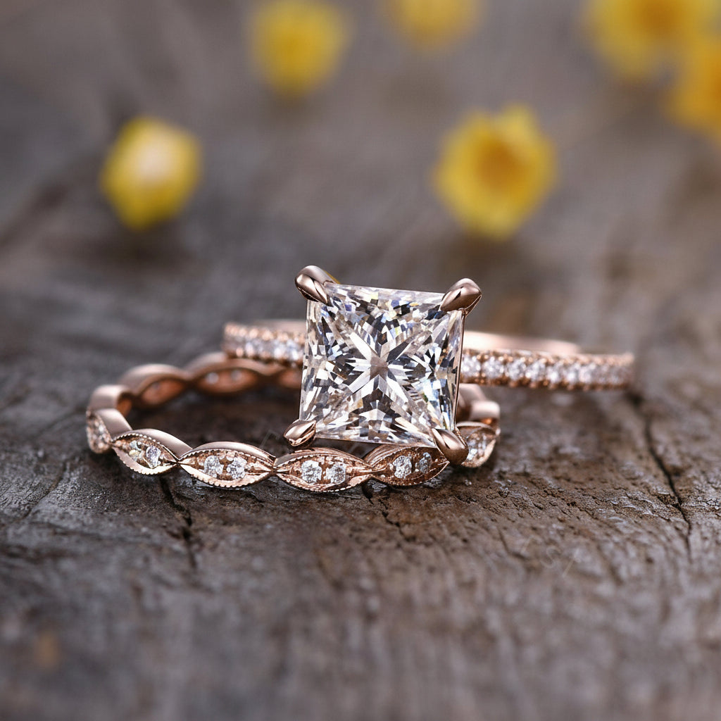 Princess Cut Lab Grown Diamond Ring: Rose Gold 14k White Gold Band