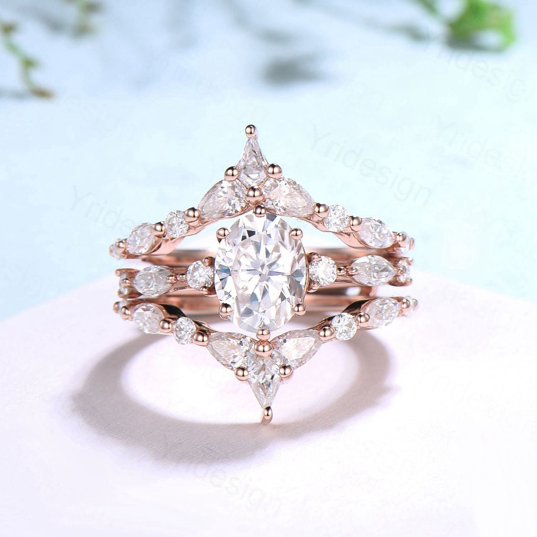 1.5CT Oval Moissanite Engagement Ring Set Vintage IGI Certificate Lab Grown Diamond Wedding Ring Set Women Double Stacking Band Bridal Set - PENFINE