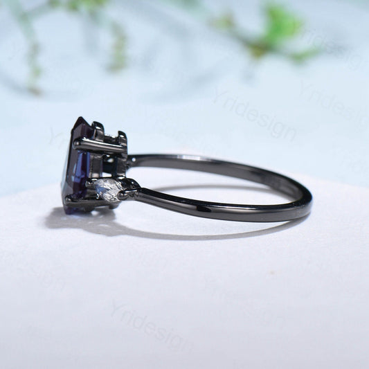 Unique Black Gold Coffin Shape Black Rutilated Quartz Ring Marquise Spnel Shield Shape Engagement Ring Handmade Proposal Gifts for Women - PENFINE