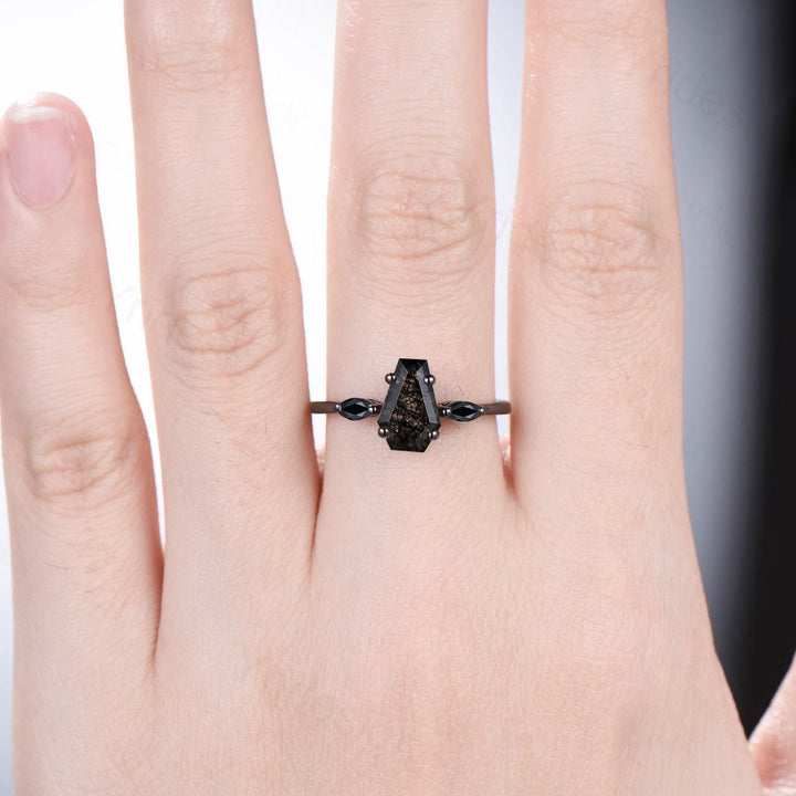 Unique Black Gold Coffin Shape Black Rutilated Quartz Ring Marquise Spnel Shield Shape  Engagement Ring Handmade Proposal Gifts for Women - PENFINE