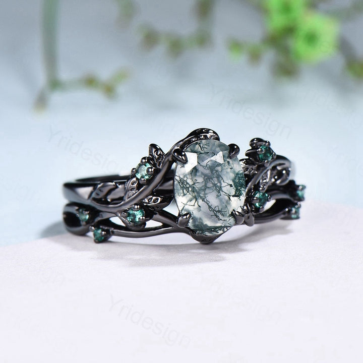 Unique black gold moss agate ring set Nature Inspired aquatic agate engagement ring vintage cluster emerald Leaf wedding ring set for women - PENFINE