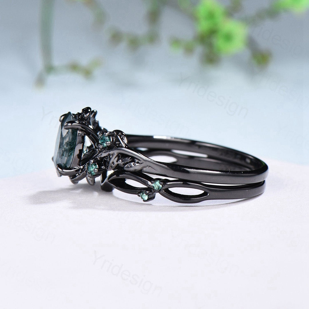 Unique black gold moss agate ring set Nature Inspired aquatic agate engagement ring vintage cluster emerald Leaf wedding ring set for women - PENFINE