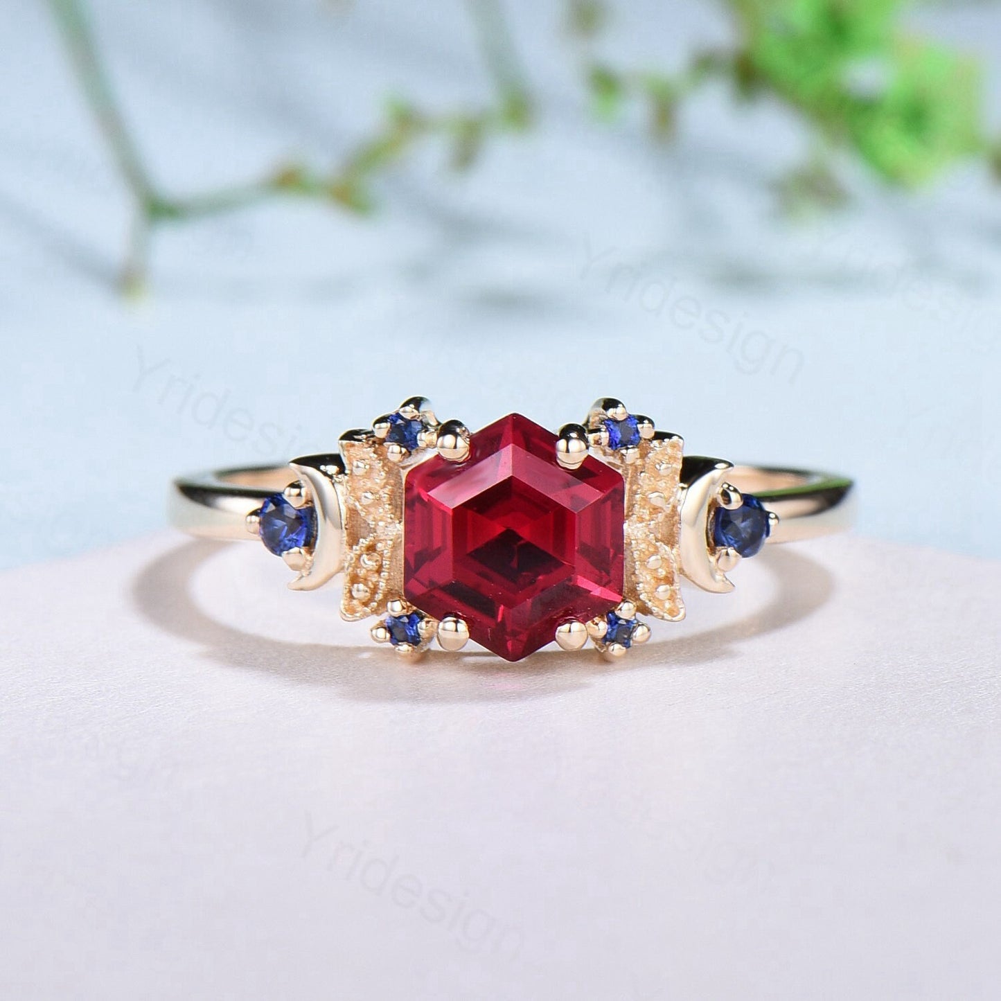 Vintage Moon Ruby engagement ring unique hexagon cut red ruby milgrain wedding ring rose gold cluster sapphire ring handmade proposal gifts - PENFINE