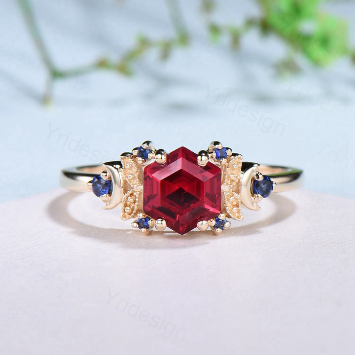 Vintage Moon Ruby engagement ring unique hexagon cut red ruby milgrain wedding ring rose gold cluster sapphire ring handmade proposal gifts - PENFINE