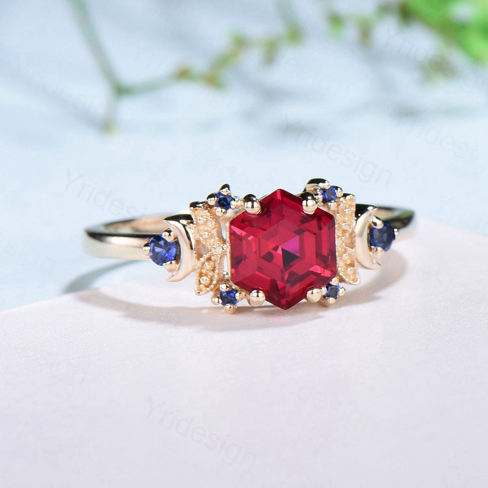 Vintage Moon Ruby engagement ring unique hexagon cut red ruby milgrain wedding ring rose gold cluster sapphire ring handmade proposal gifts - PENFINE