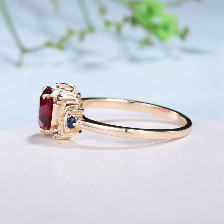 Vintage Moon Ruby engagement ring unique hexagon cut red ruby milgrain wedding ring rose gold cluster sapphire ring handmade proposal gifts - PENFINE