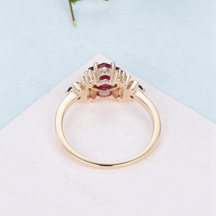 Vintage Moon Ruby engagement ring unique hexagon cut red ruby milgrain wedding ring rose gold cluster sapphire ring handmade proposal gifts - PENFINE