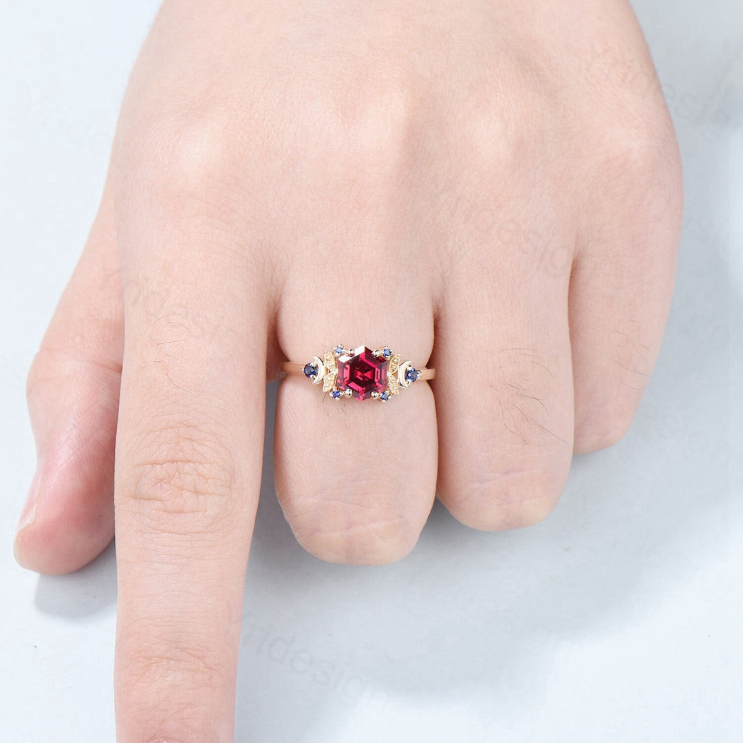 Vintage Moon Ruby engagement ring unique hexagon cut red ruby milgrain wedding ring rose gold cluster sapphire ring handmade proposal gifts - PENFINE