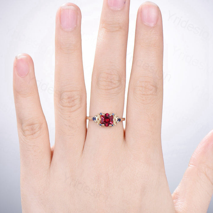 Vintage Moon Ruby engagement ring unique hexagon cut red ruby milgrain wedding ring rose gold cluster sapphire ring handmade proposal gifts - PENFINE