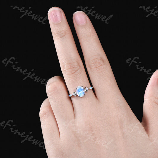 Vintage Oval Moonstone Engagement Ring, White Gold Anniversary Gift - PENFINE