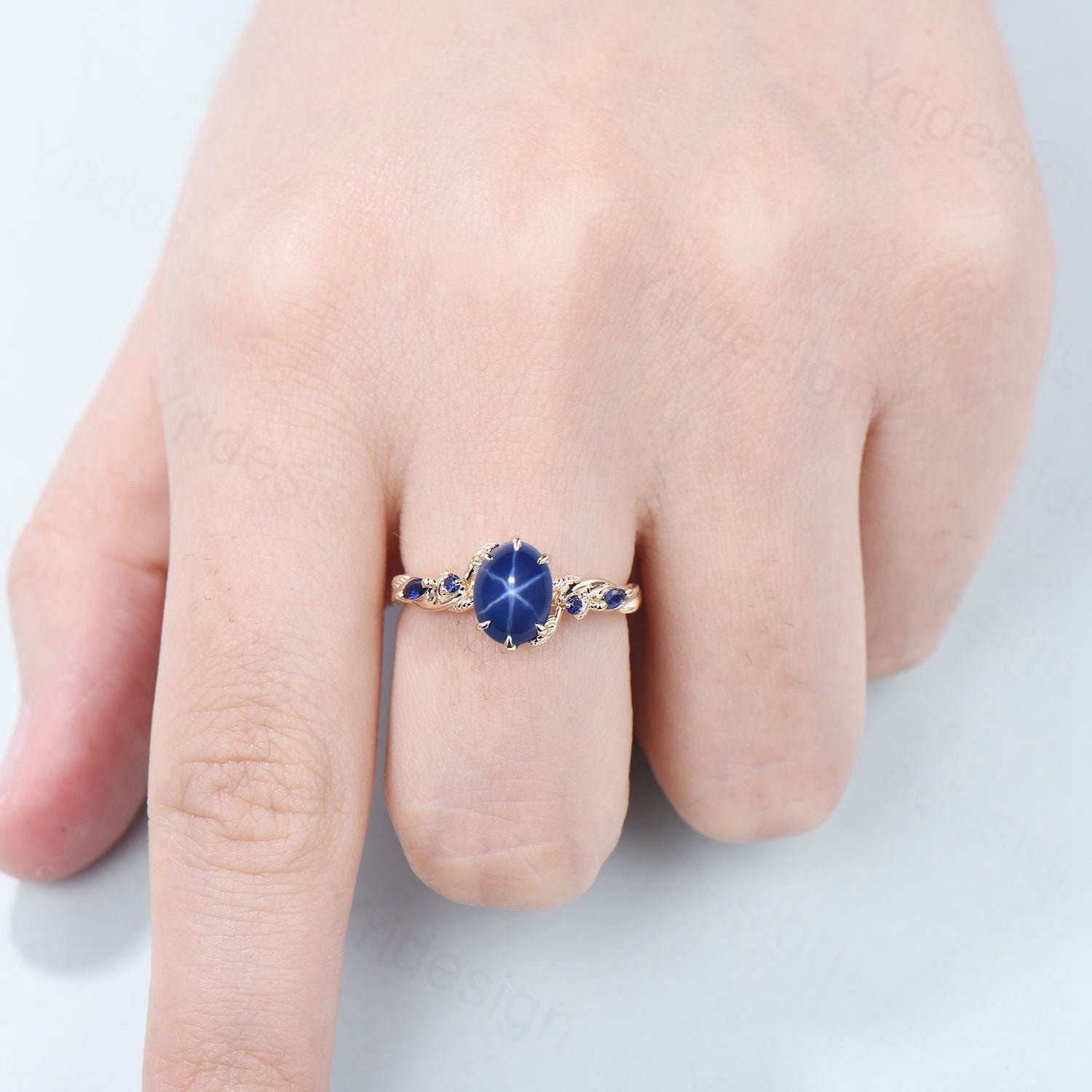 Vintage Inspired Star Sapphire Ring, Leaf Gold Band, Dainty Wedding Ring - PENFINE