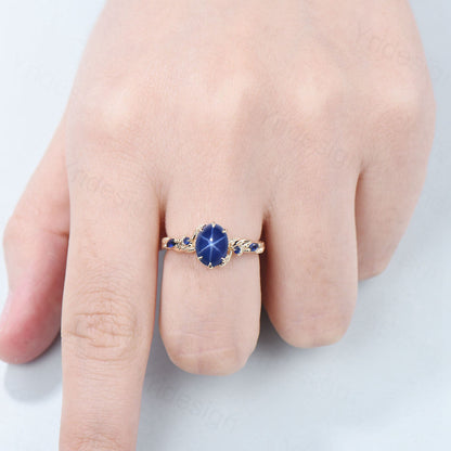 Vintage Inspired Star Sapphire Ring, Leaf Gold Band, Dainty Wedding Ring - PENFINE