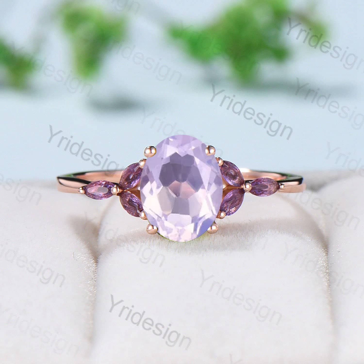 Vintage Oval natural Lavender Amethyst Engagement Ring Set Unique Seven Stone Marquise Amethyst  Wedding Bridal Set February Birthstone Gift - PENFINE