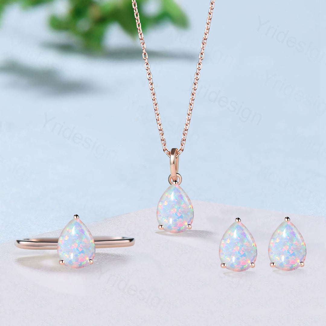 Dainty fire opal wedding set solitaire white opal engagement ring rose gold minimalist October birthstone pendant necklace opal earrings - PENFINE