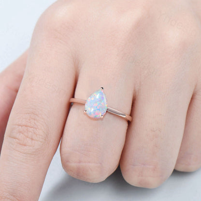 Dainty fire opal wedding set solitaire white opal engagement ring rose gold minimalist October birthstone pendant necklace opal earrings - PENFINE