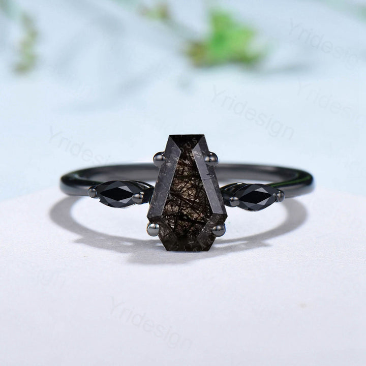 Unique Black Gold Coffin Shape Black Rutilated Quartz Ring Marquise Spnel Shield Shape  Engagement Ring Handmade Proposal Gifts for Women - PENFINE