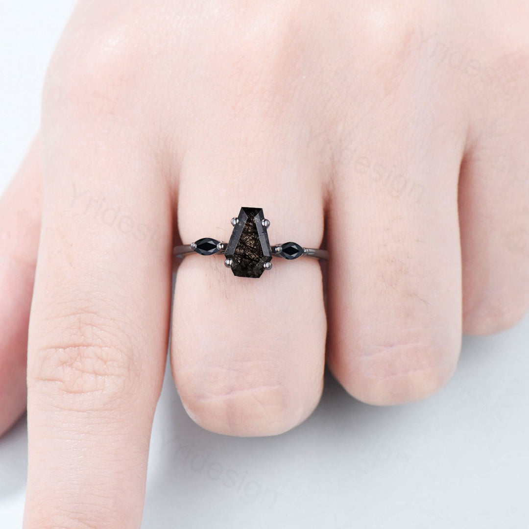 Unique Black Gold Coffin Shape Black Rutilated Quartz Ring Marquise Spnel Shield Shape  Engagement Ring Handmade Proposal Gifts for Women - PENFINE