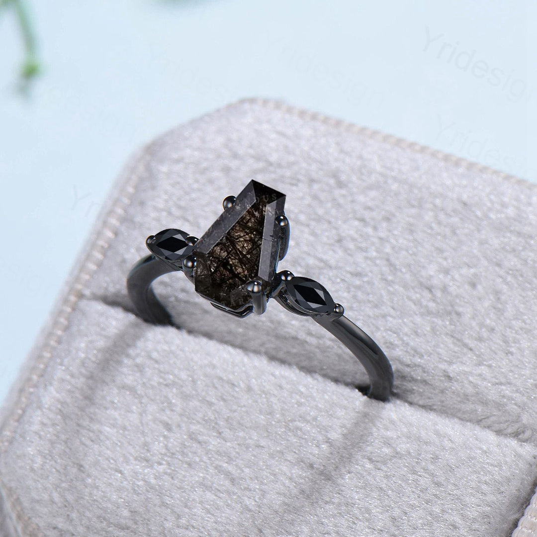 Unique Black Gold Coffin Shape Black Rutilated Quartz Ring Marquise Spnel Shield Shape  Engagement Ring Handmade Proposal Gifts for Women - PENFINE